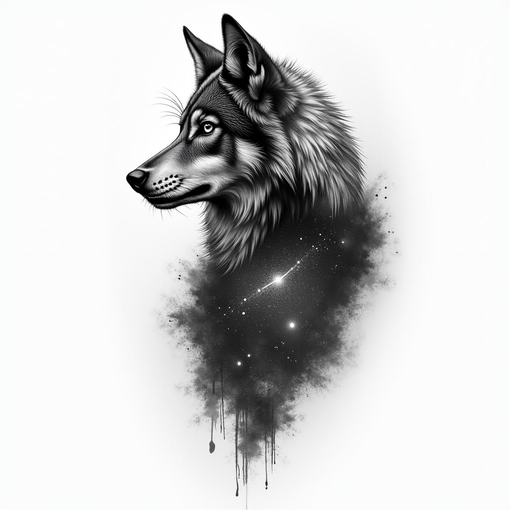 Galaxy with a silhouette of a wolf in the backgroundhigly detailed tattoo - Variation 2