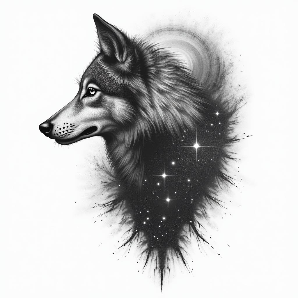 Galaxy with a silhouette of a wolf in the backgroundhigly detailed tattoo - Variation 4