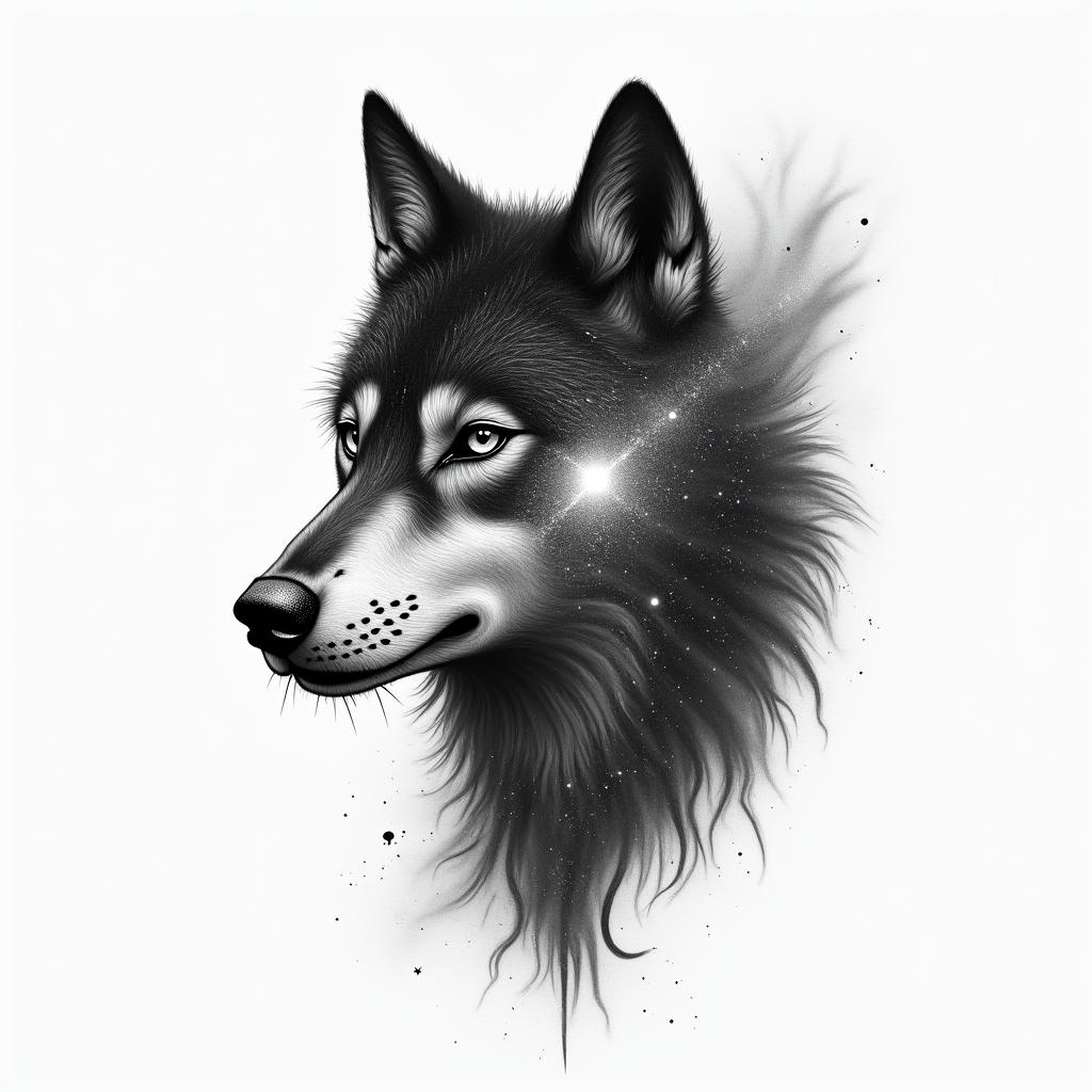 Galaxy with a silhouette of a wolf in the backgroundhigly detailed tattoo - Variation 3
