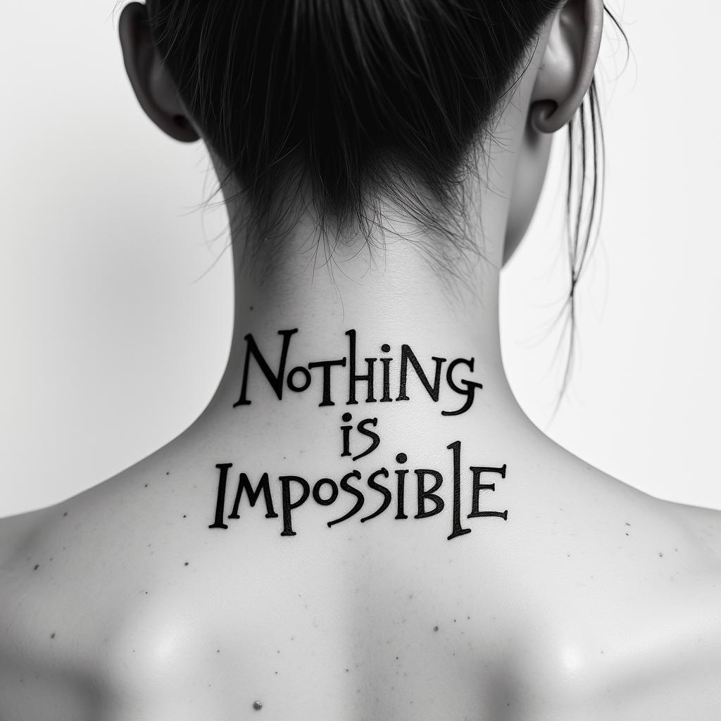 Nothing is impossible in Korean, neck.text-based tattoo, japanese font ultra-realistic, perfectly placed, high-quality font design, photo-realistic shading, 8k, high quality, finely detailed typograph