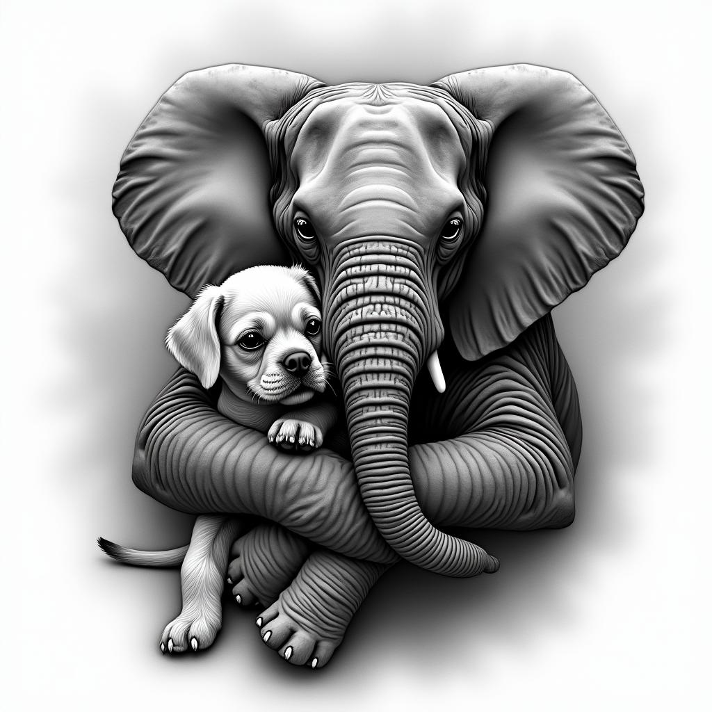 Create an elephant embracing a shih tzu and a boxer-pit with a cosmic backgroundin realism tattoo style, featuring a highly detailed, lifelike, capturing every detail, photorealistic, ultra realistic, intricate shading, smooth and sharp,  