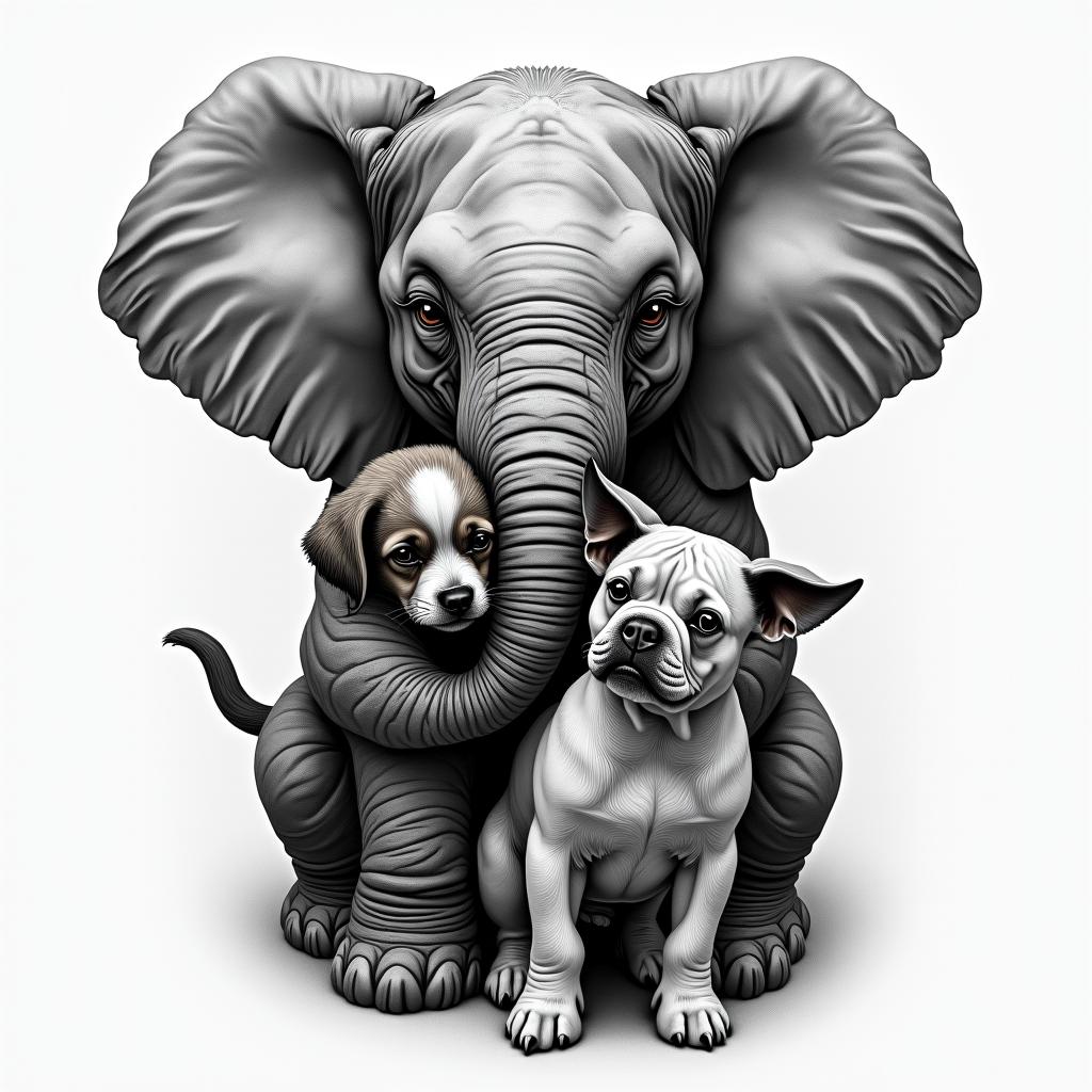 Create an elephant embracing a shih tzu and a boxer-pit with a cosmic backgroundin realism tattoo style, featuring a highly detailed, lifelike, capturing every detail, photorealistic, ultra realistic, intricate shading, smooth and sharp,   - Variation 4