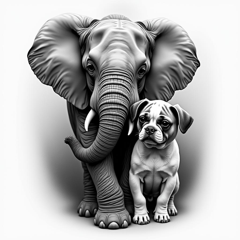 Create an elephant embracing a shih tzu and a boxer-pit with a cosmic backgroundin realism tattoo style, featuring a highly detailed, lifelike, capturing every detail, photorealistic, ultra realistic, intricate shading, smooth and sharp,   - Variation 2