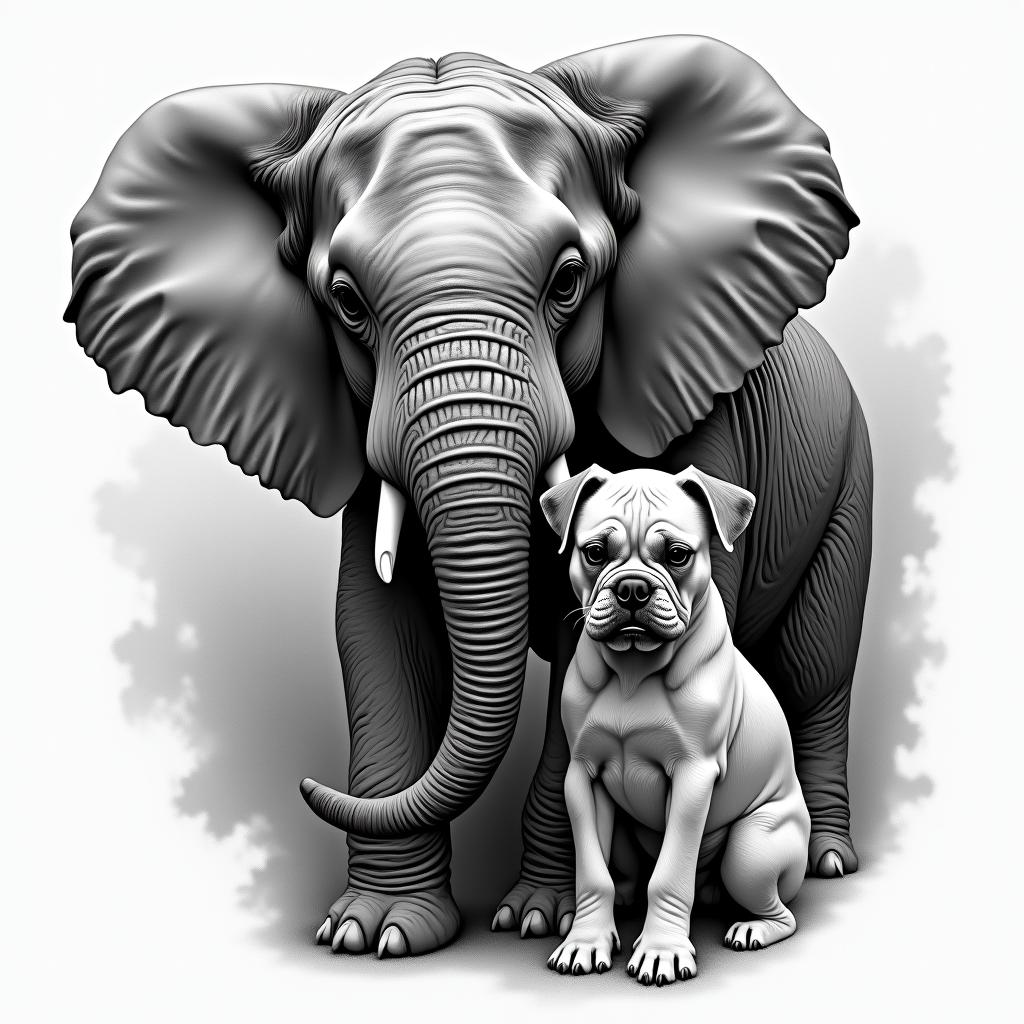 Create an elephant embracing a shih tzu and a boxer-pit with a cosmic backgroundin realism tattoo style, featuring a highly detailed, lifelike, capturing every detail, photorealistic, ultra realistic, intricate shading, smooth and sharp,   - Variation 3