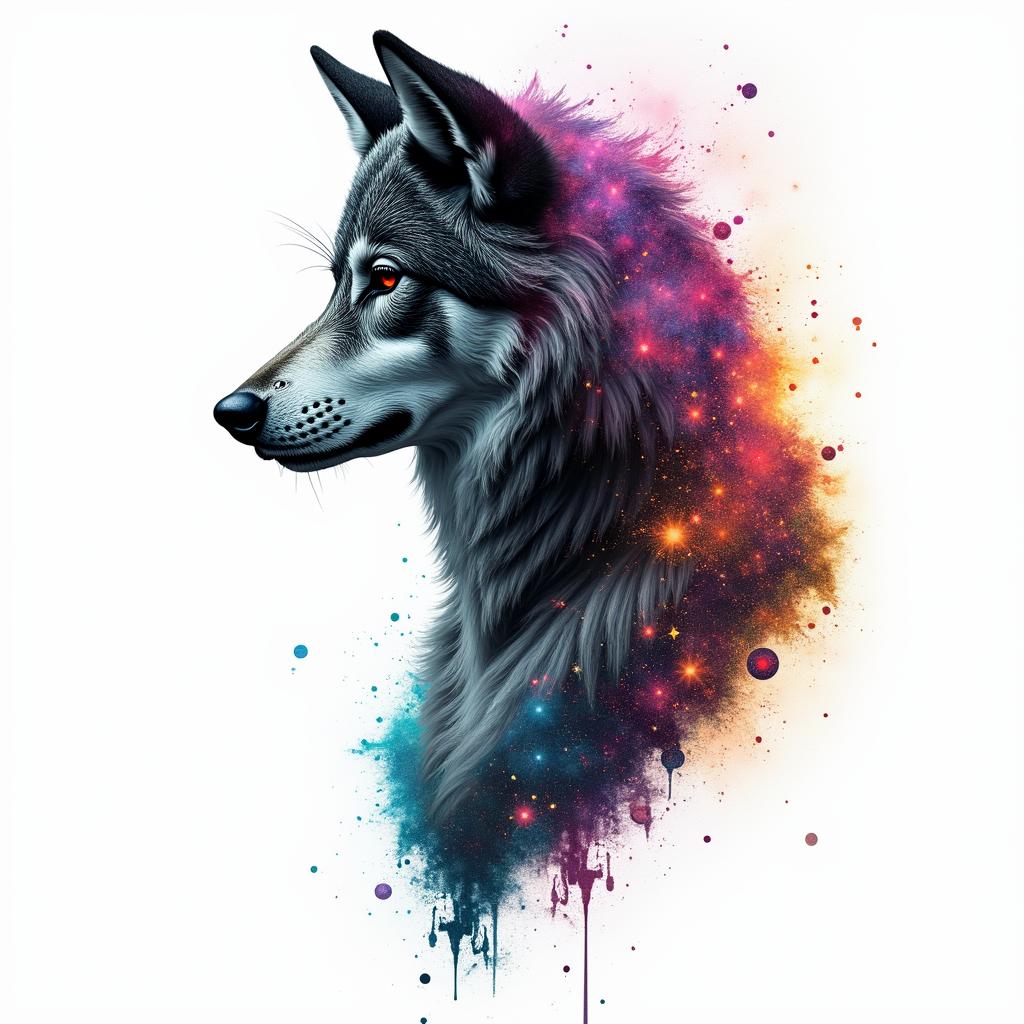 Galaxy with a silhouette of a wolf in the backgroundin distorted and fragmented tattoo design, featuring a classical statue bust, in a glitch art style with vibrant, overlapping colors of cyan, magenta, and yellow, creating a digital distortion effect - Variation 2