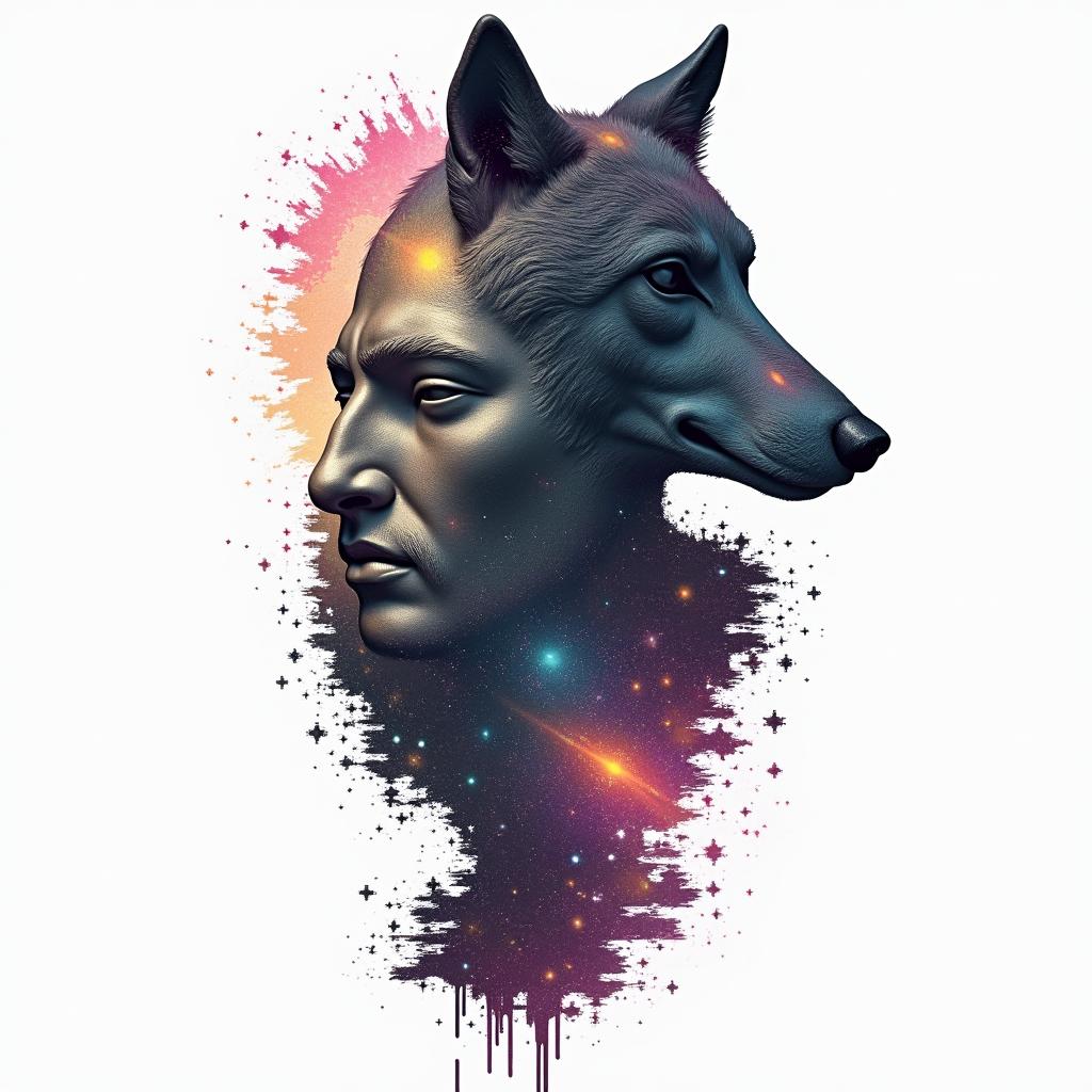 Galaxy with a silhouette of a wolf in the backgroundin distorted and fragmented tattoo design, featuring a classical statue bust, in a glitch art style with vibrant, overlapping colors of cyan, magenta, and yellow, creating a digital distortion effect - Variation 4