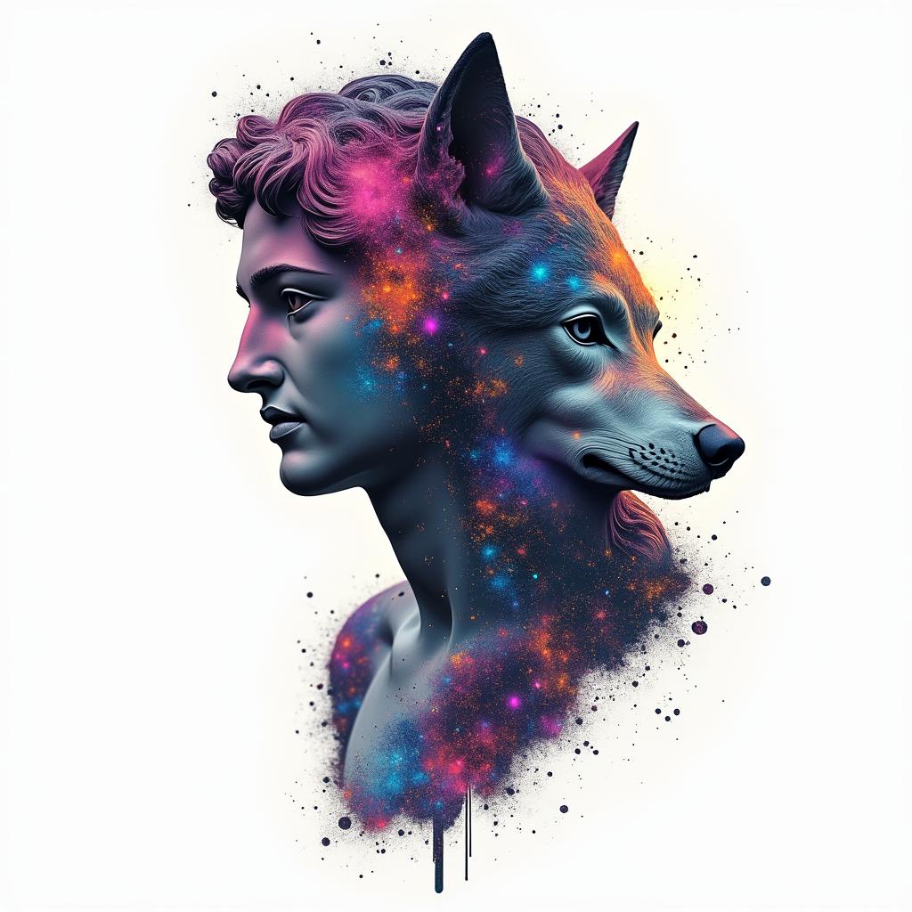 Galaxy with a silhouette of a wolf in the backgroundin distorted and fragmented tattoo design, featuring a classical statue bust, in a glitch art style with vibrant, overlapping colors of cyan, magenta, and yellow, creating a digital distortion effect