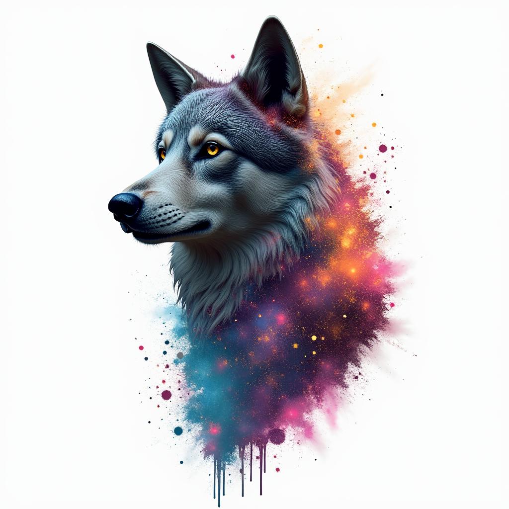 Galaxy with a silhouette of a wolf in the backgroundin distorted and fragmented tattoo design, featuring a classical statue bust, in a glitch art style with vibrant, overlapping colors of cyan, magenta, and yellow, creating a digital distortion effect - Variation 3