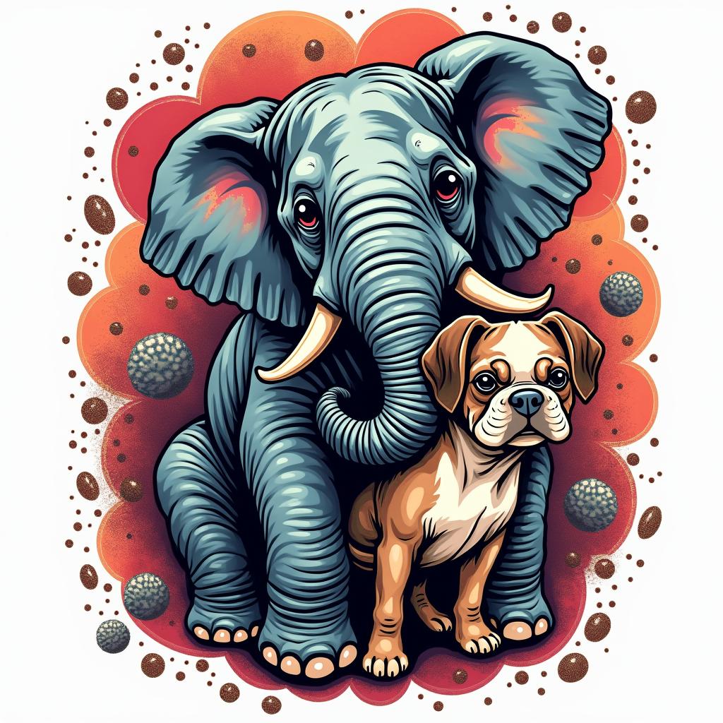 Create an elephant embracing a shih tzu and a boxer-pit with a cosmic backgroundin pop art style tattoo, featuring bold and vibrant colors, exaggerated outlines, iconic imagery, inspired by comic books and speech bubbles, comic book characters, retro pop culture