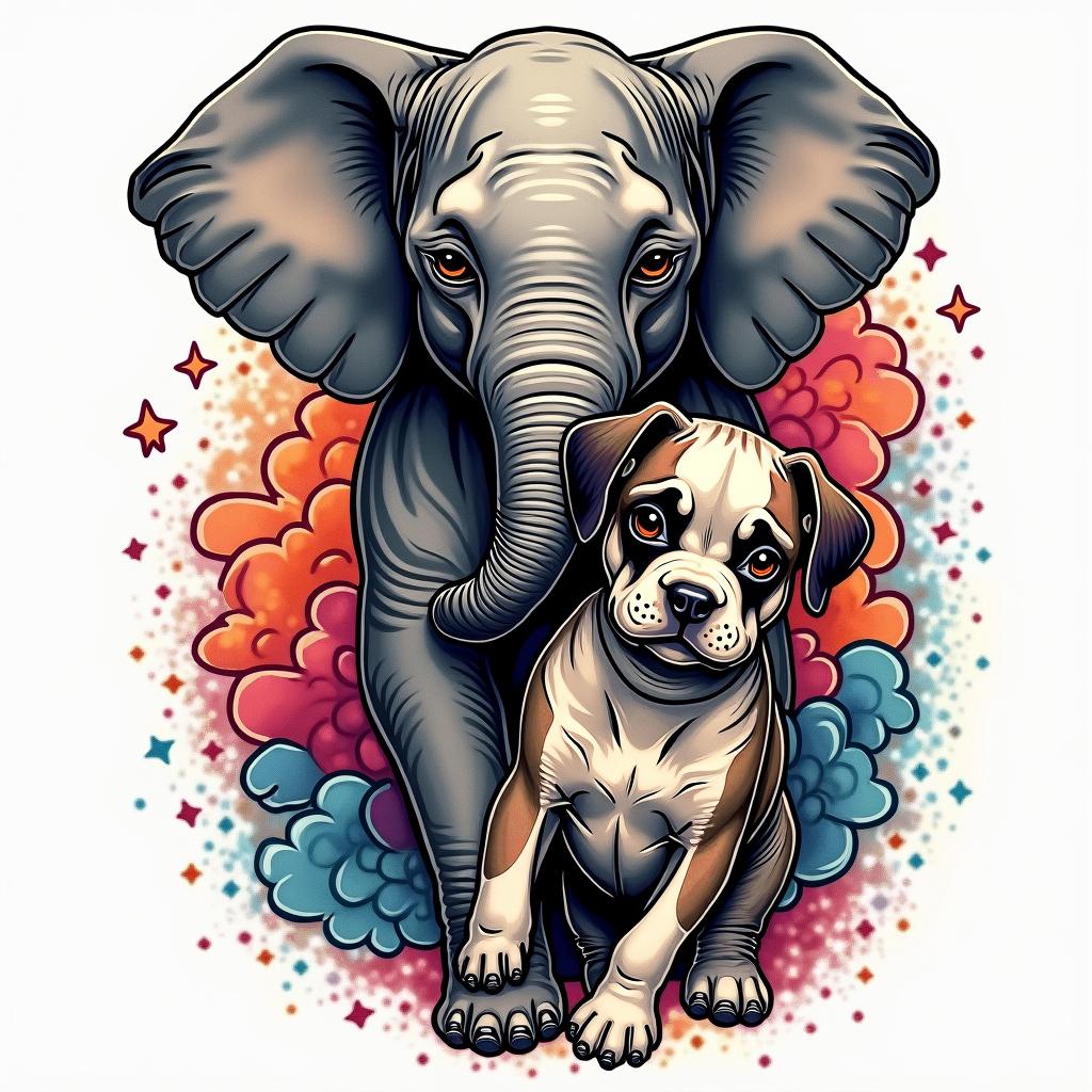 Create an elephant embracing a shih tzu and a boxer-pit with a cosmic backgroundin pop art style tattoo, featuring bold and vibrant colors, exaggerated outlines, iconic imagery, inspired by comic books and speech bubbles, comic book characters, retro pop culture - Variation 4