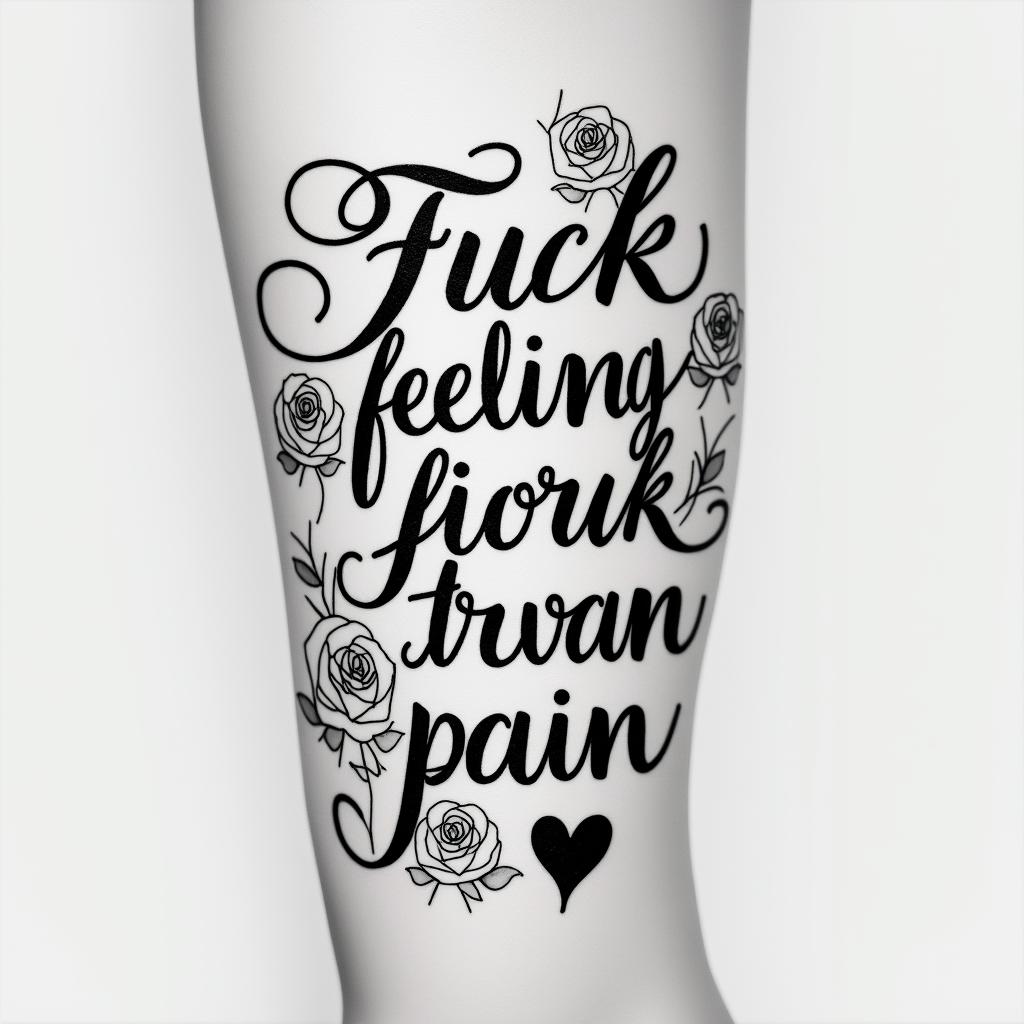 Fuck feelings heartbroken painin elegant cursive calligraphy style 2d tattoo, decorate with roses, featuring a smooth and flowing handwritten script with slightly thickened strokes for a luxurious and bold appearance, heart symbol between names, sleek and glossy black text with shadowing, minimalist matte white background, clean and sharp edges, illuminated with soft lighting, romantic, 8k, high-quality textures with refined typography