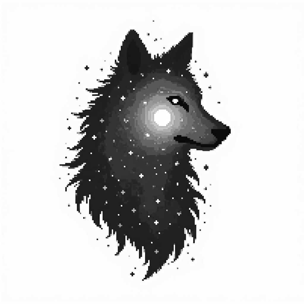 Galaxy with a silhouette of a wolf in the backgroundin 8-bit tattoo style, minimalistic pixel style tattoo, pixel art with simplified shapes and retro gaming visuals, inspired by 8-bit pixel based detailing - Variation 2