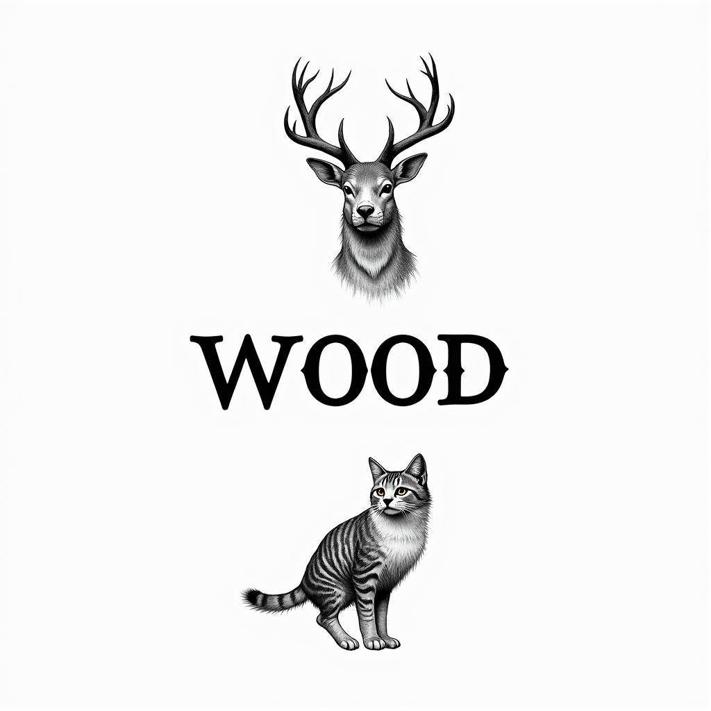 Woods, animals and namesminimalist text-based tattoo, Monospace font ultra-realistic, perfectly placed, high-quality font design, photo-realistic shading, 8k, high quality, finely detailed typograph