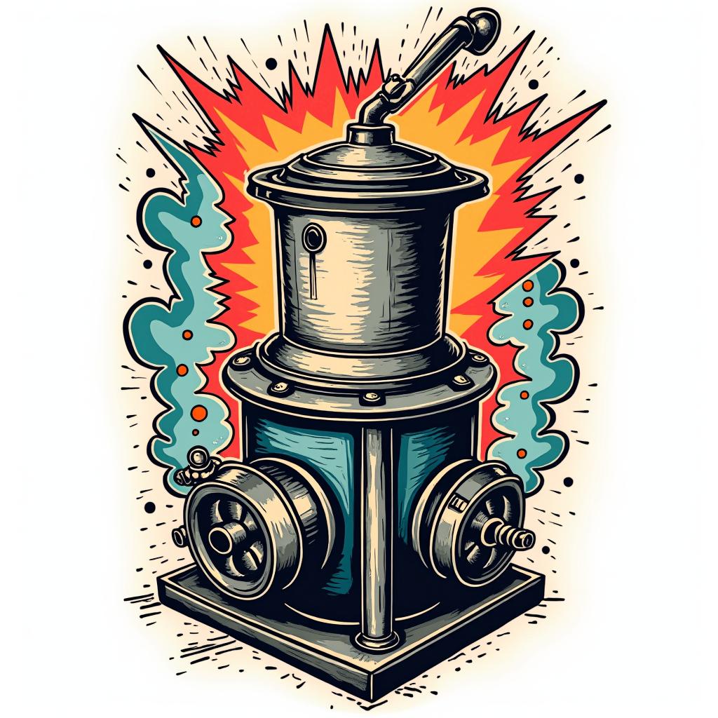 Steam boilerin pop art style tattoo, featuring bold and vibrant colors, exaggerated outlines, iconic imagery, inspired by comic books and speech bubbles, comic book characters, retro pop culture - Variation 3