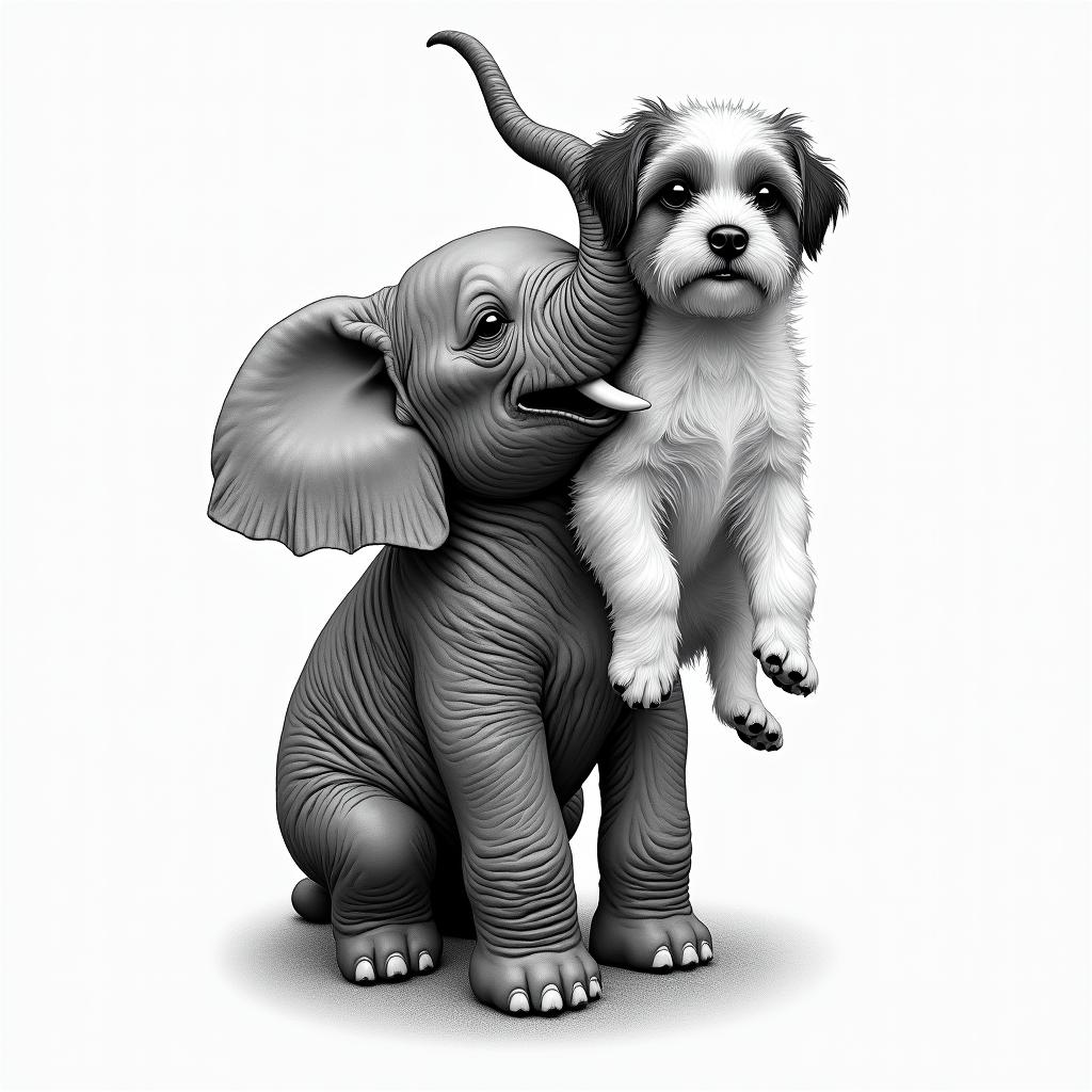 Elephant lifting up a shih tzu higly detailed tattoo - Variation 4
