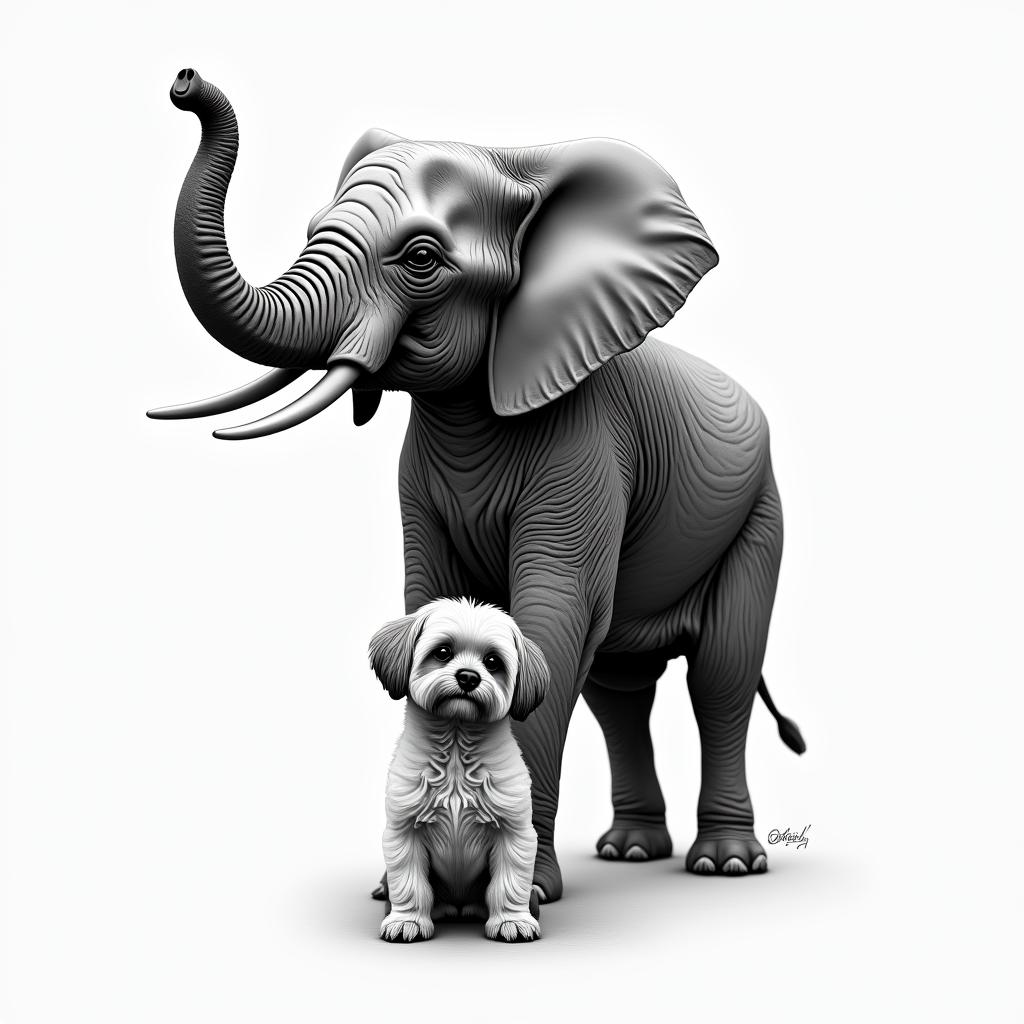 Elephant lifting up a shih tzu higly detailed tattoo