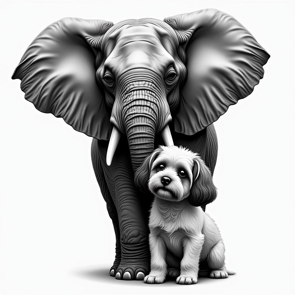Elephant lifting up a shih tzu higly detailed tattoo - Variation 3