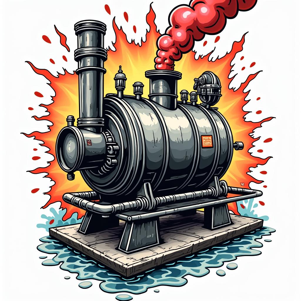 Big steam boilerin pop art style tattoo, featuring bold and vibrant colors, exaggerated outlines, iconic imagery, inspired by comic books and speech bubbles, comic book characters, retro pop culture - Variation 6