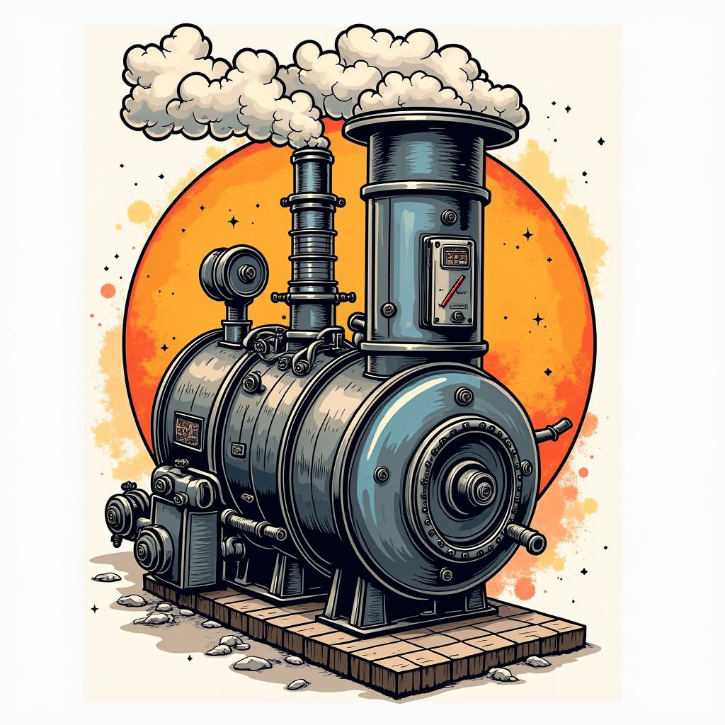 Big steam boilerin pop art style tattoo, featuring bold and vibrant colors, exaggerated outlines, iconic imagery, inspired by comic books and speech bubbles, comic book characters, retro pop culture - Variation 5