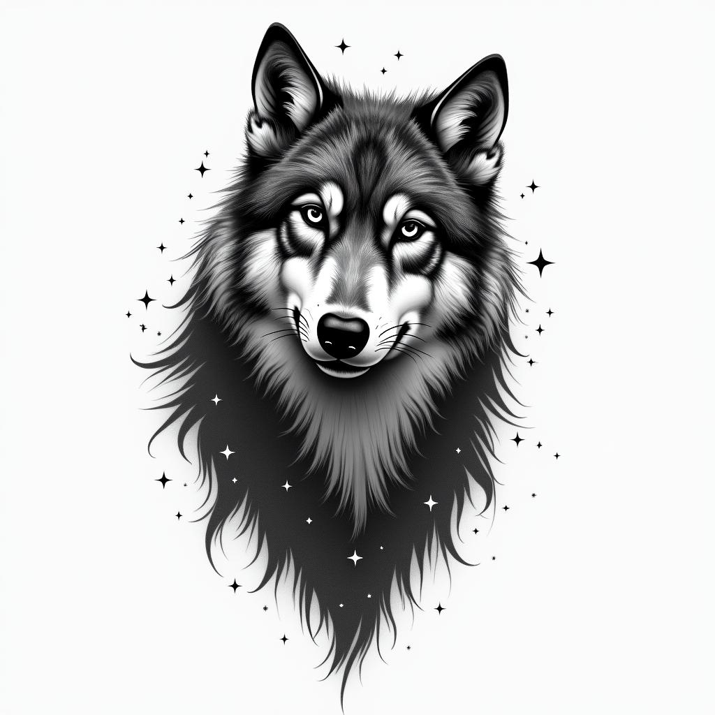 Galaxy with a silhouette of a wolf in the backgroundin new school tattoo, pop culture, modern, detailed tattoo, illustrative - Variation 4