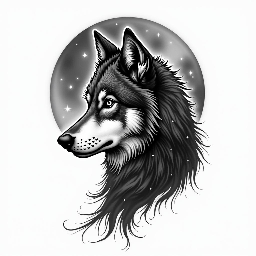 Galaxy with a silhouette of a wolf in the backgroundin new school tattoo, pop culture, modern, detailed tattoo, illustrative - Variation 2