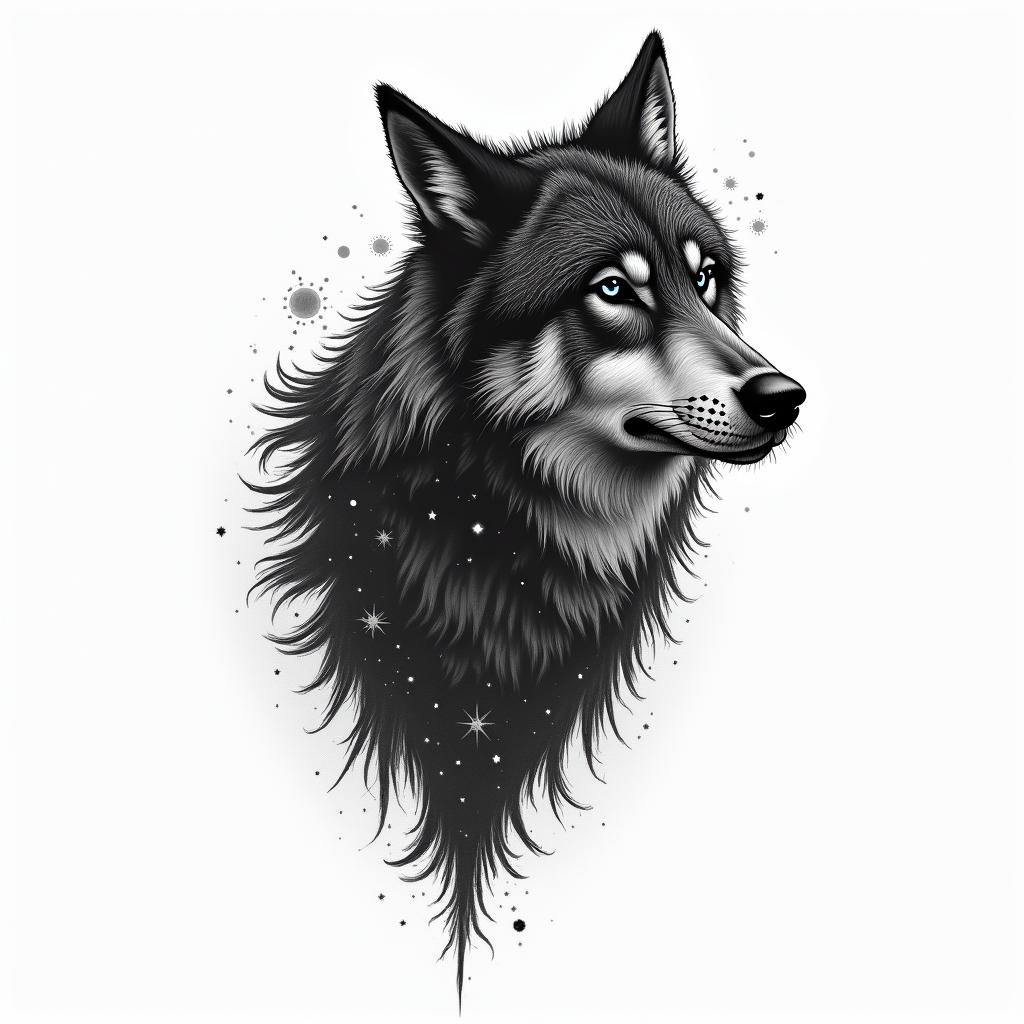 Galaxy with a silhouette of a wolf in the backgroundin new school tattoo, pop culture, modern, detailed tattoo, illustrative - Variation 3