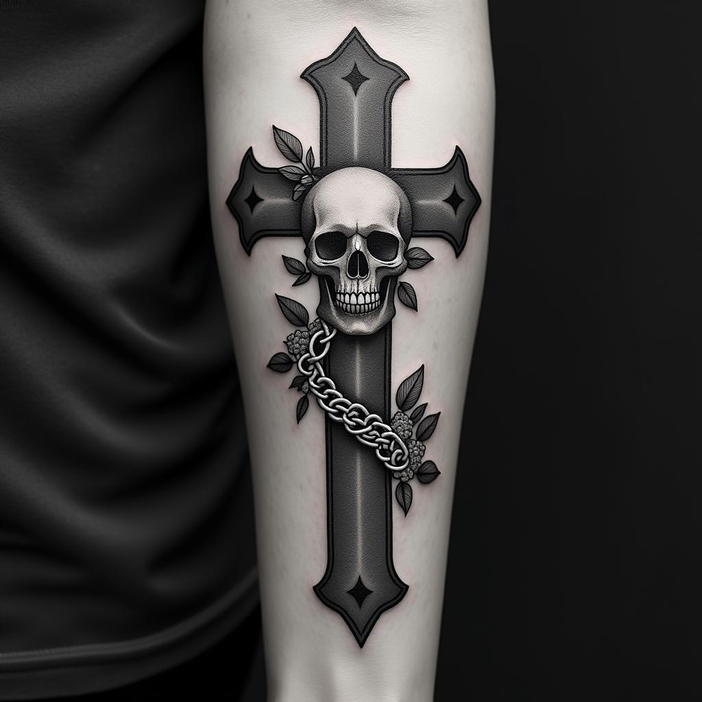 Fuck feelings heartbroken painin chicano style tattoo, featuring intricate black and grey shading, bold elements of traditional chicano culture symbols, add a big cross with skull, chains and roses - Variation 2