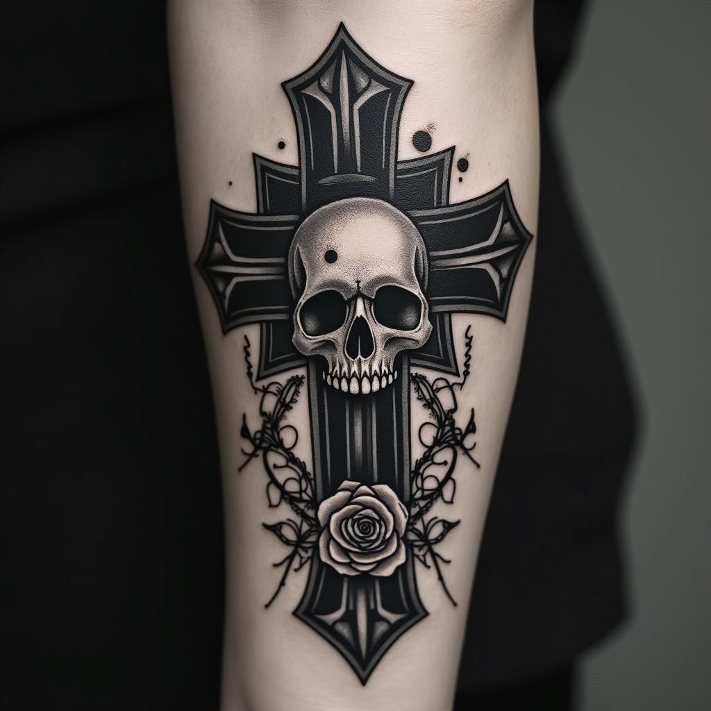 Fuck feelings heartbroken painin chicano style tattoo, featuring intricate black and grey shading, bold elements of traditional chicano culture symbols, add a big cross with skull, chains and roses - Variation 3