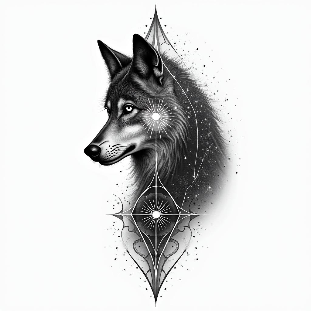Galaxy with a silhouette of a wolf in the background in geometric style tattoo, blending hexagons, mandala-inspired patterns, symmetrical and fractal design, clean lines, sharp angles