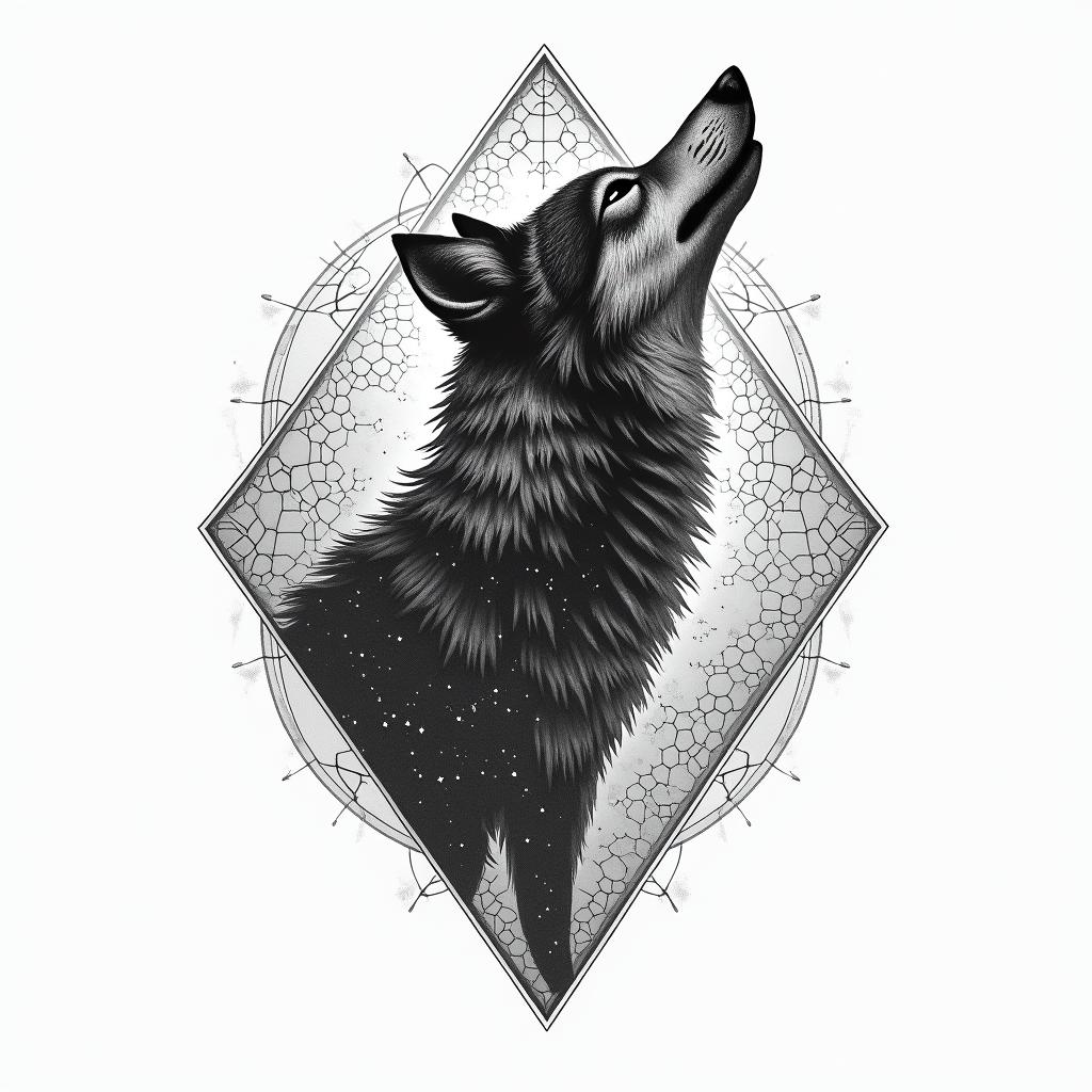 Galaxy with a silhouette of a wolf in the background in geometric style tattoo, blending hexagons, mandala-inspired patterns, symmetrical and fractal design, clean lines, sharp angles - Variation 2