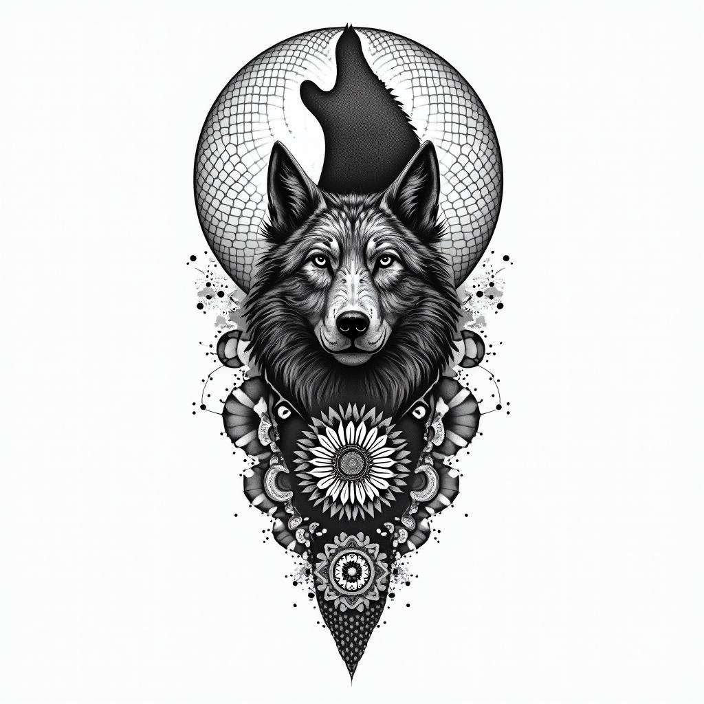 Galaxy with a silhouette of a wolf in the background in geometric style tattoo, blending hexagons, mandala-inspired patterns, symmetrical and fractal design, clean lines, sharp angles - Variation 4