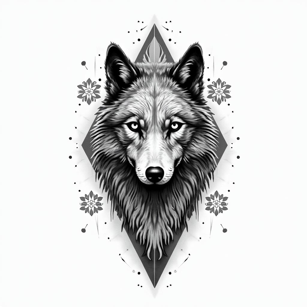 Galaxy with a silhouette of a wolf in the background in geometric style tattoo, blending hexagons, mandala-inspired patterns, symmetrical and fractal design, clean lines, sharp angles - Variation 3