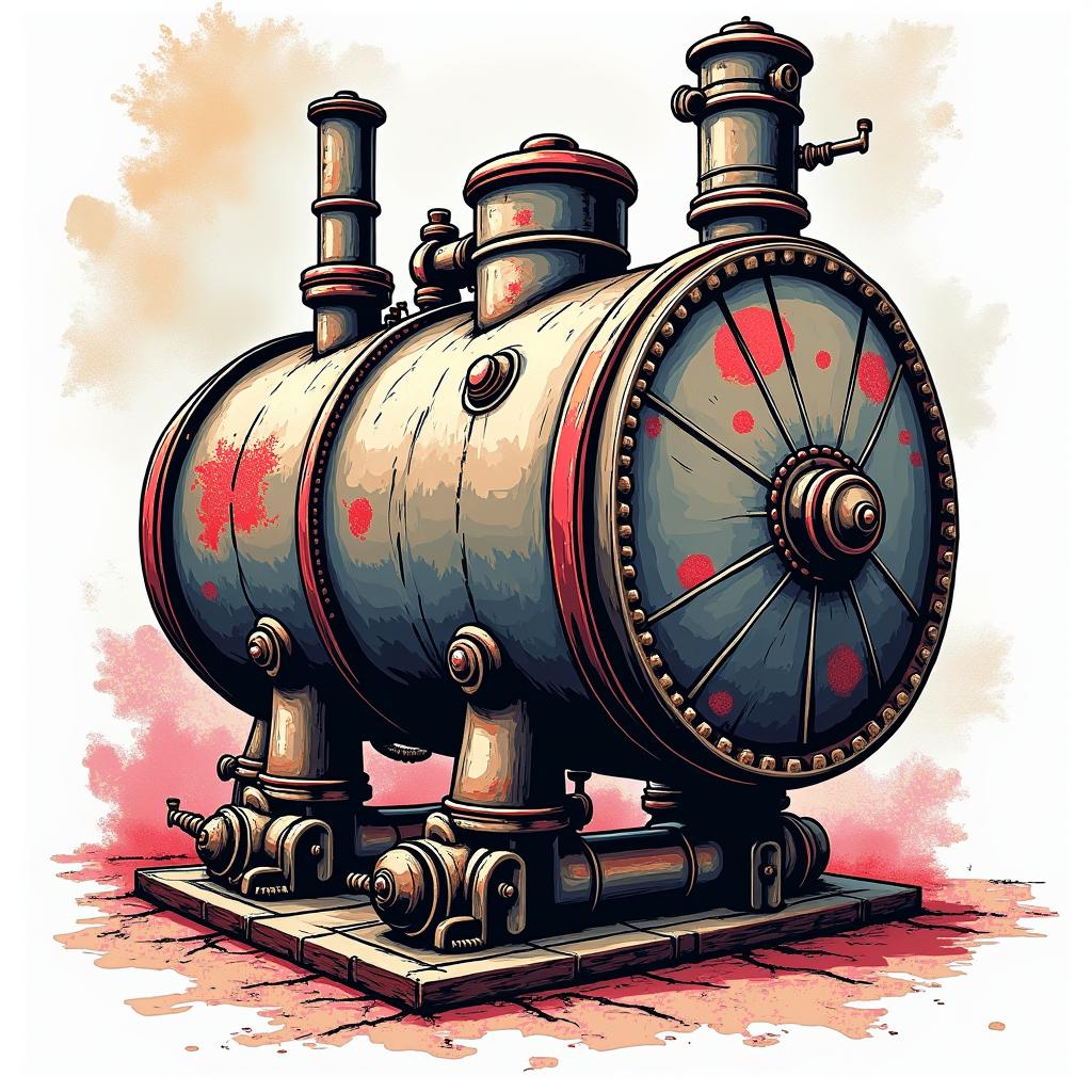 Giant steam boilerin pop art style tattoo, featuring bold and vibrant colors, exaggerated outlines, iconic imagery, inspired by comic books and speech bubbles, comic book characters, retro pop culture - Variation 2
