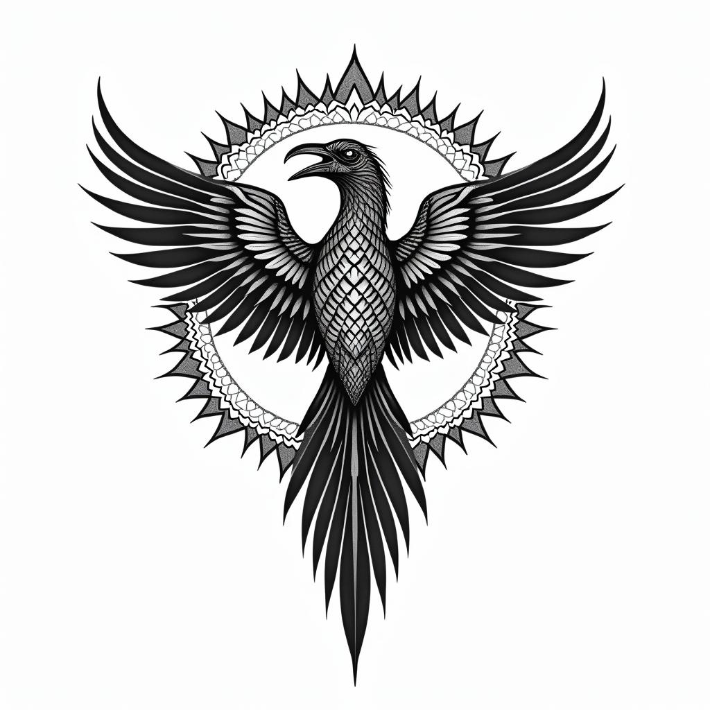 Valkyrie Gemini serpent crowin dotwork style tattoo, complex mandala patterns, interlocking geometric shapes with sharp symmetry, clean lines, sharp angles - Variation 2