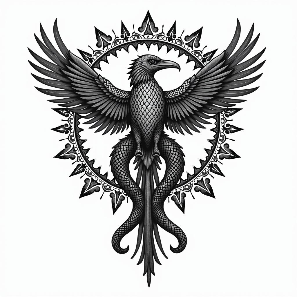 Valkyrie Gemini serpent crowin dotwork style tattoo, complex mandala patterns, interlocking geometric shapes with sharp symmetry, clean lines, sharp angles - Variation 4
