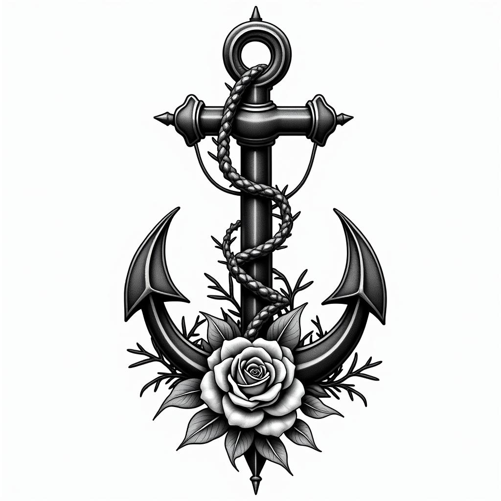 Anchor entwined with roses and thornstext-based tattoo, gothic font ultra-realistic, perfectly placed, high-quality font design, photo-realistic shading, 8k, high quality, finely detailed typography - Variation 2