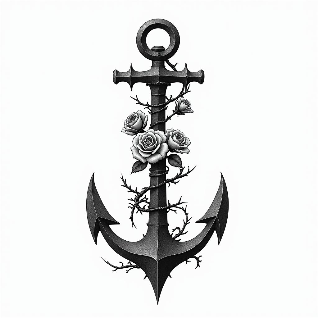 Anchor entwined with roses and thornstext-based tattoo, gothic font ultra-realistic, perfectly placed, high-quality font design, photo-realistic shading, 8k, high quality, finely detailed typography - Variation 4