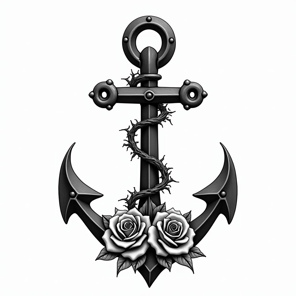 Anchor entwined with roses and thornstext-based tattoo, gothic font ultra-realistic, perfectly placed, high-quality font design, photo-realistic shading, 8k, high quality, finely detailed typography - Variation 3