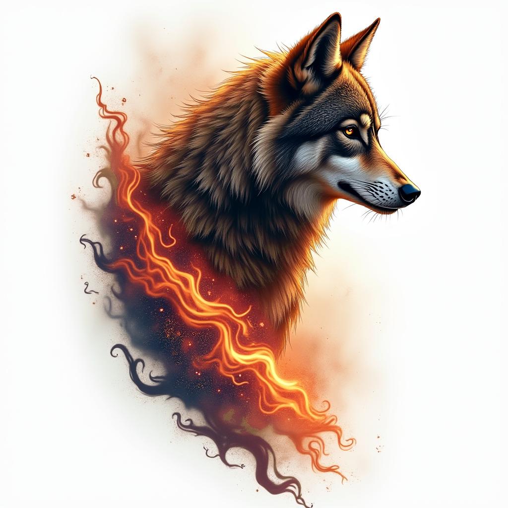 Galaxy with a silhouette of a wolf in the backgroundin flame tattoo style showcasing fiery elements with dynamic flame patterns, glowing effect of flames, natural colors - Variation 4