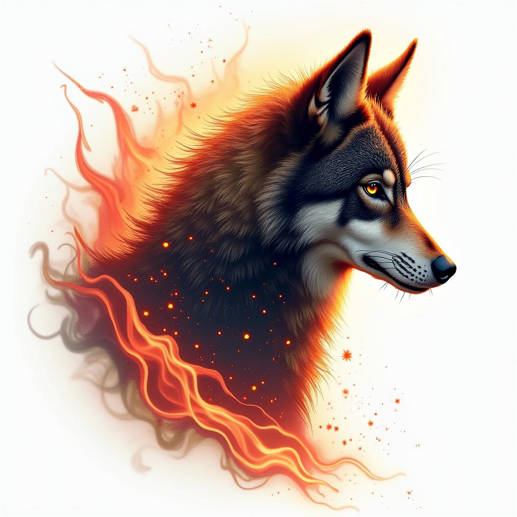 Galaxy with a silhouette of a wolf in the backgroundin flame tattoo style showcasing fiery elements with dynamic flame patterns, glowing effect of flames, natural colors - Variation 2