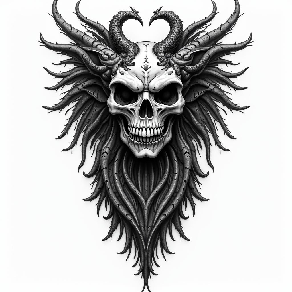 Valkyrie Gemini serpent raven in horror tattoo style, showcasing haunting and unsettling, dark and gritty textures with skulls, eerie faces, jgged designs, bold and intense shading