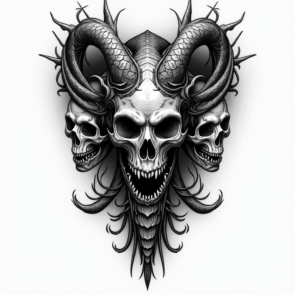 Valkyrie Gemini serpent raven in horror tattoo style, showcasing haunting and unsettling, dark and gritty textures with skulls, eerie faces, jgged designs, bold and intense shading - Variation 2