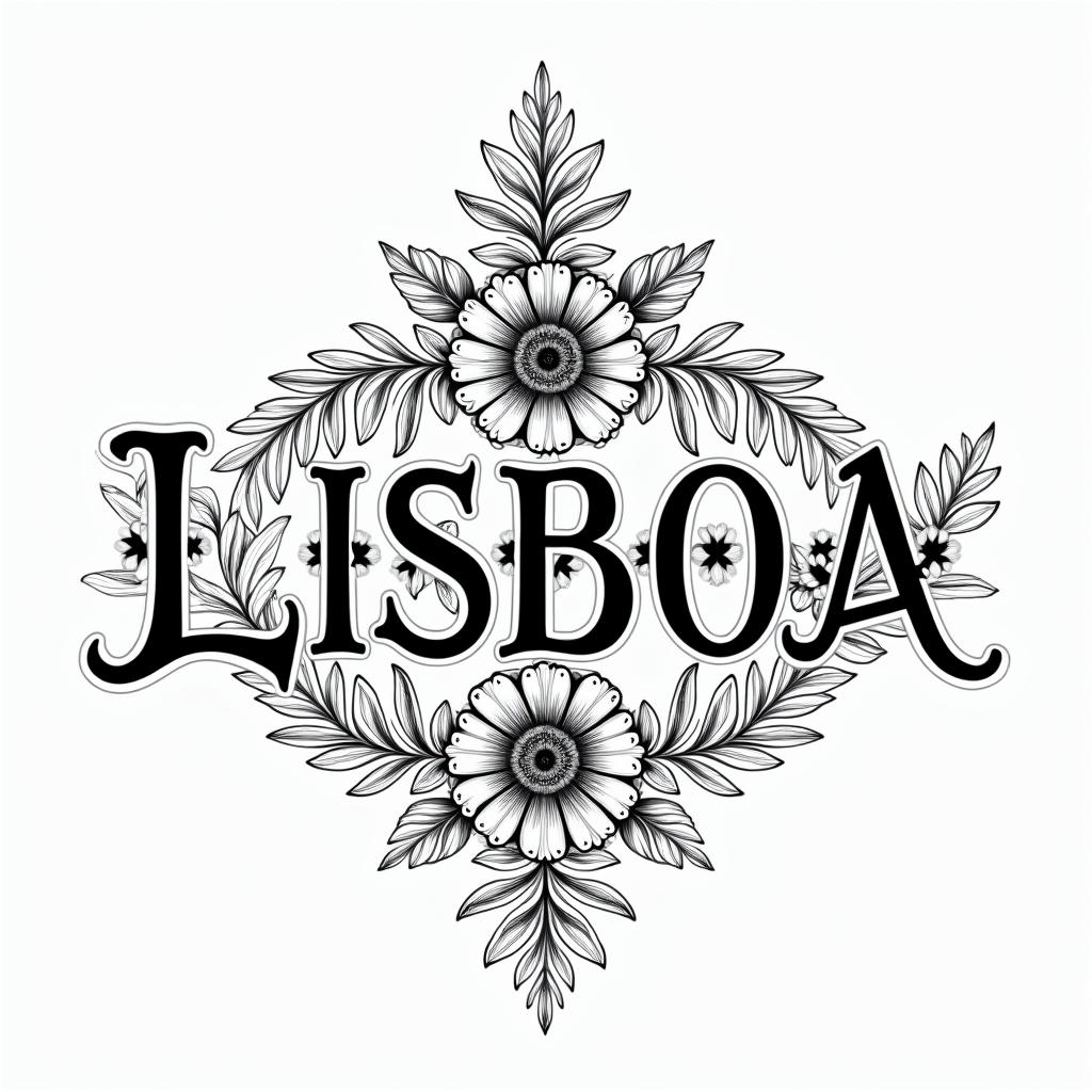 Word "LISBOA" with flowers and leaves and "azulejos"in ornamental tattoo style, featuring intricate symmetrical patterns and floral designs, showcasing highly detailed line work and geometric shapes, creating a sense of elegance and balance - Variation 2
