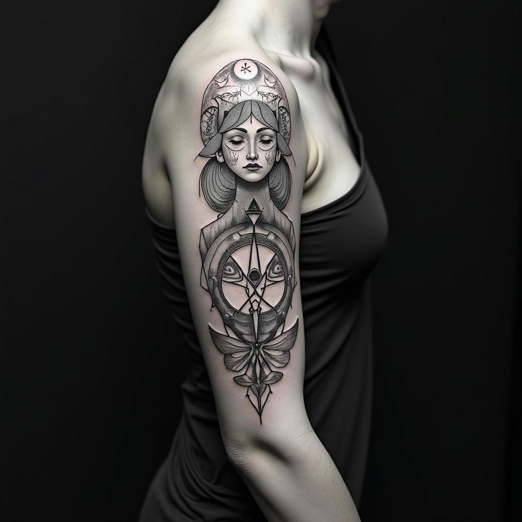 Fuck feelings heartbroken painin paganic style tattoo, featuring ancient symbols, add vegvisir symbol, mystical figures, incorporating designs, pentagrams, runes, crescent moons,