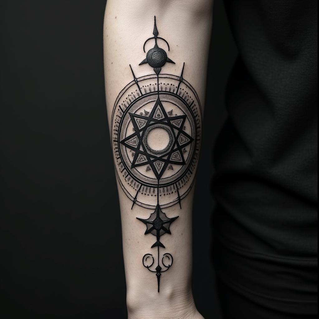 Fuck feelings heartbroken painin paganic style tattoo, featuring ancient symbols, add vegvisir symbol, mystical figures, incorporating designs, pentagrams, runes, crescent moons, - Variation 4