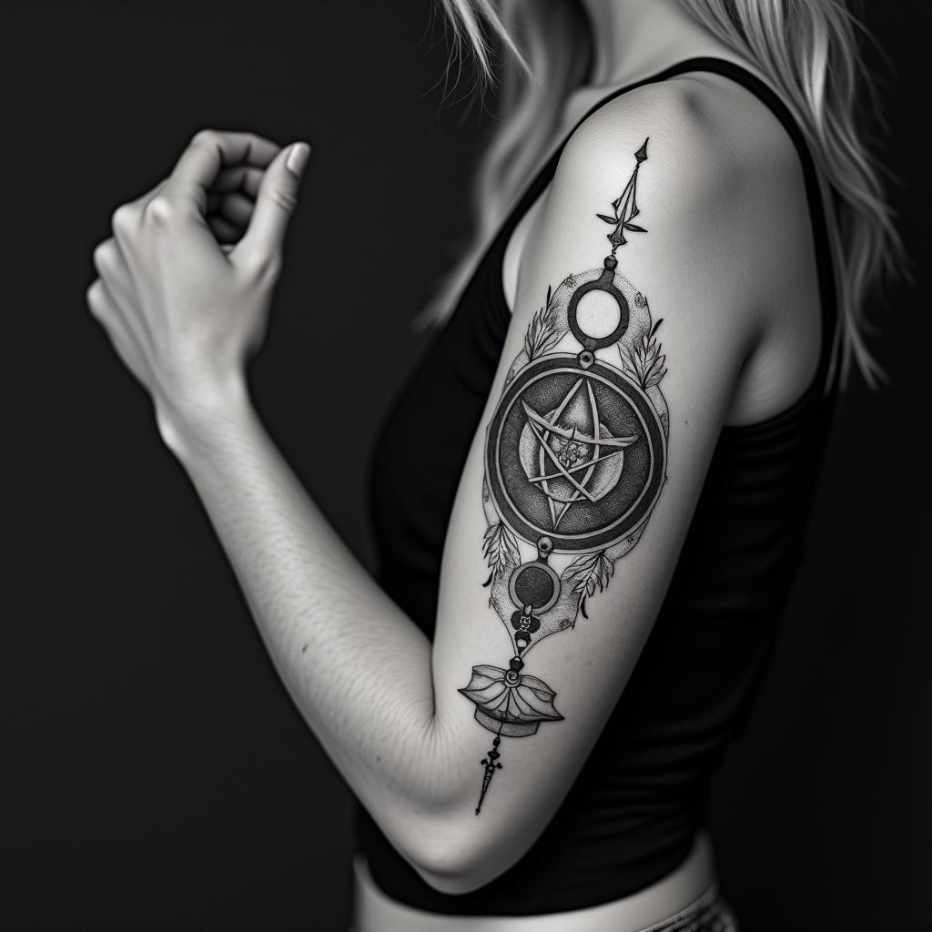 Fuck feelings heartbroken painin paganic style tattoo, featuring ancient symbols, add vegvisir symbol, mystical figures, incorporating designs, pentagrams, runes, crescent moons, - Variation 3