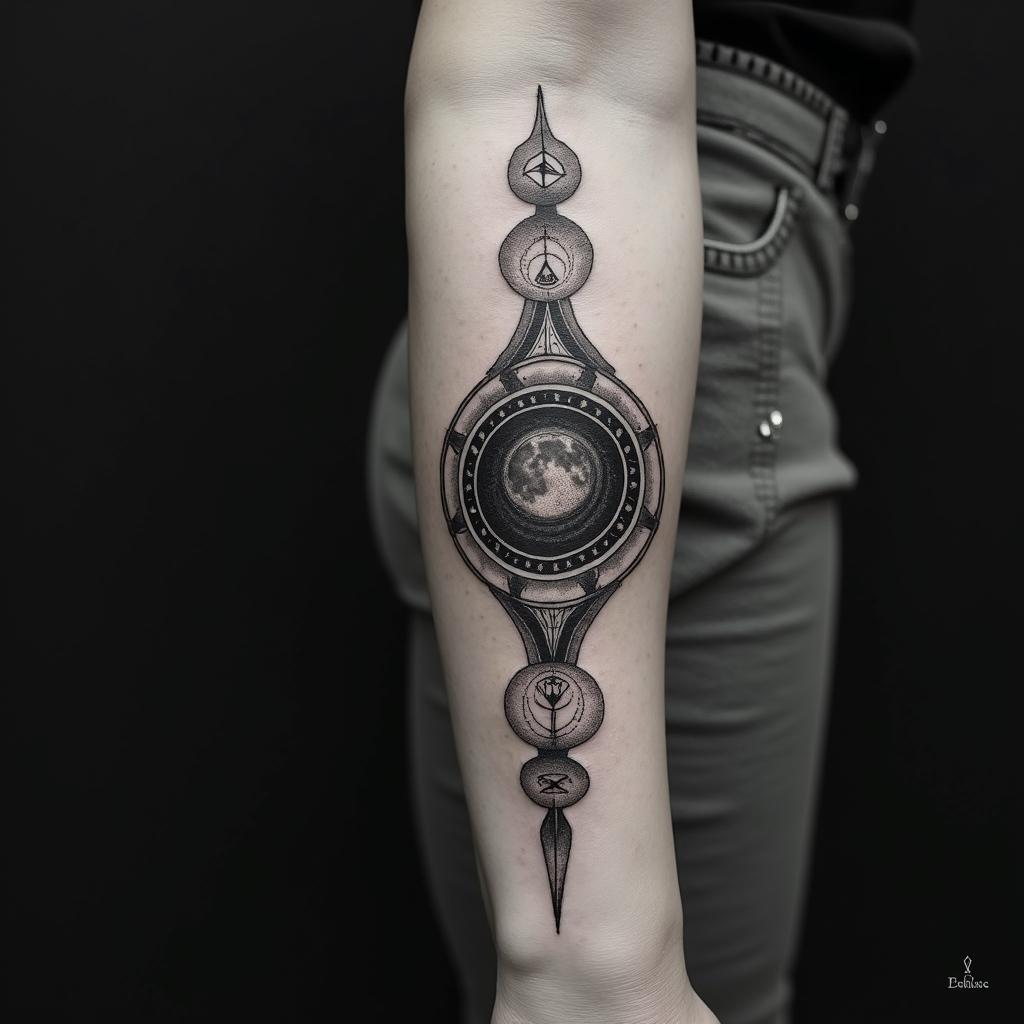 Fuck feelings heartbroken painin paganic style tattoo, featuring ancient symbols, add vegvisir symbol, mystical figures, incorporating designs, pentagrams, runes, crescent moons, - Variation 2