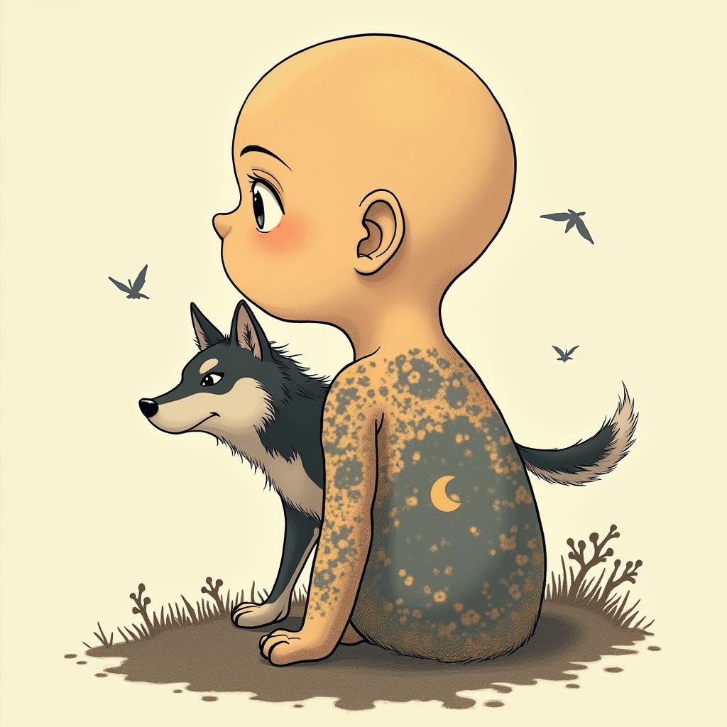 Galaxy with a silhouette of a wolf in the backgroundGhibli, Studio Ghibli aesthetic, hand-drawn anime style, retro nostalgic atmosphere, retro soft pastel color palette with earthy tones, retro Japanese cinematic shot, yellow tint effect, bald character, smooth surface, anime shadow 90's anime style - Variation 4