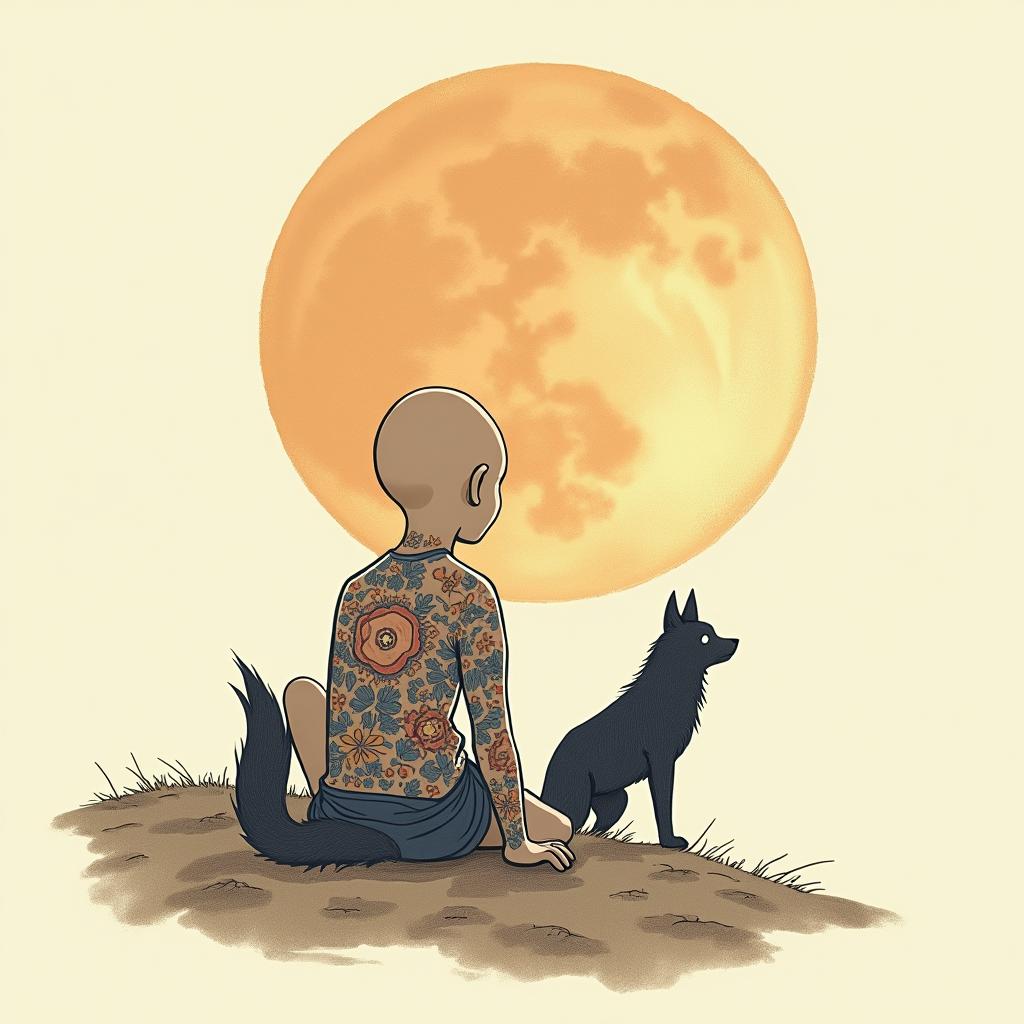 Galaxy with a silhouette of a wolf in the backgroundGhibli, Studio Ghibli aesthetic, hand-drawn anime style, retro nostalgic atmosphere, retro soft pastel color palette with earthy tones, retro Japanese cinematic shot, yellow tint effect, bald character, smooth surface, anime shadow 90's anime style - Variation 3