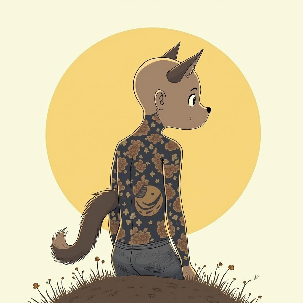 Galaxy with a silhouette of a wolf in the backgroundGhibli, Studio Ghibli aesthetic, hand-drawn anime style, retro nostalgic atmosphere, retro soft pastel color palette with earthy tones, retro Japanese cinematic shot, yellow tint effect, bald character, smooth surface, anime shadow 90's anime style - Variation 2